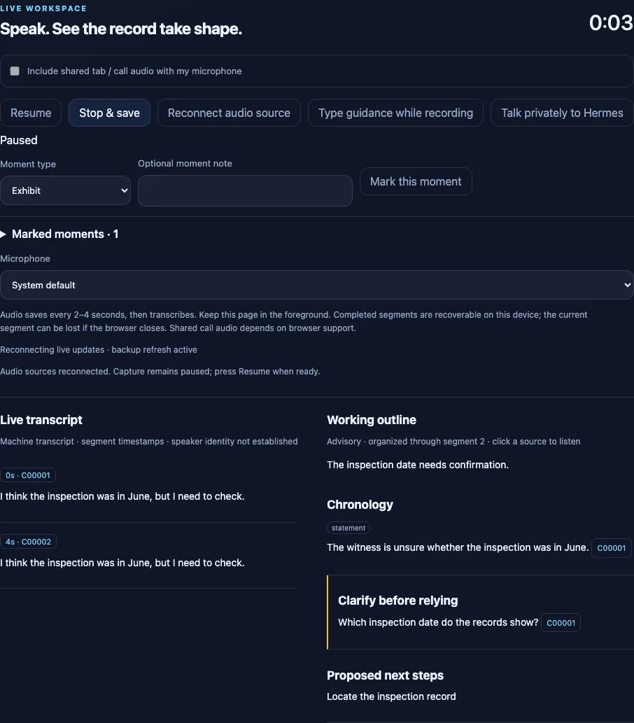 Development voice workspace showing a synthetic deposition transcript, a source-linked chronology, moment markers and recording recovery controls.